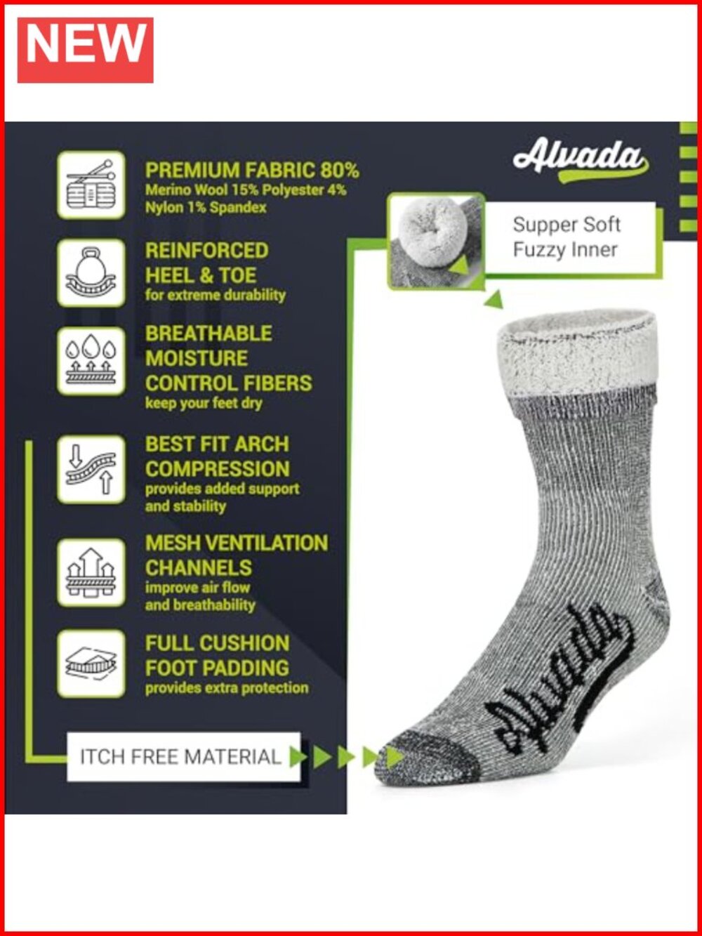 Merino Wool Crew Socks Thermal Warm Winter Work Hiking Running 3 Pairs - Picture 2 of 5